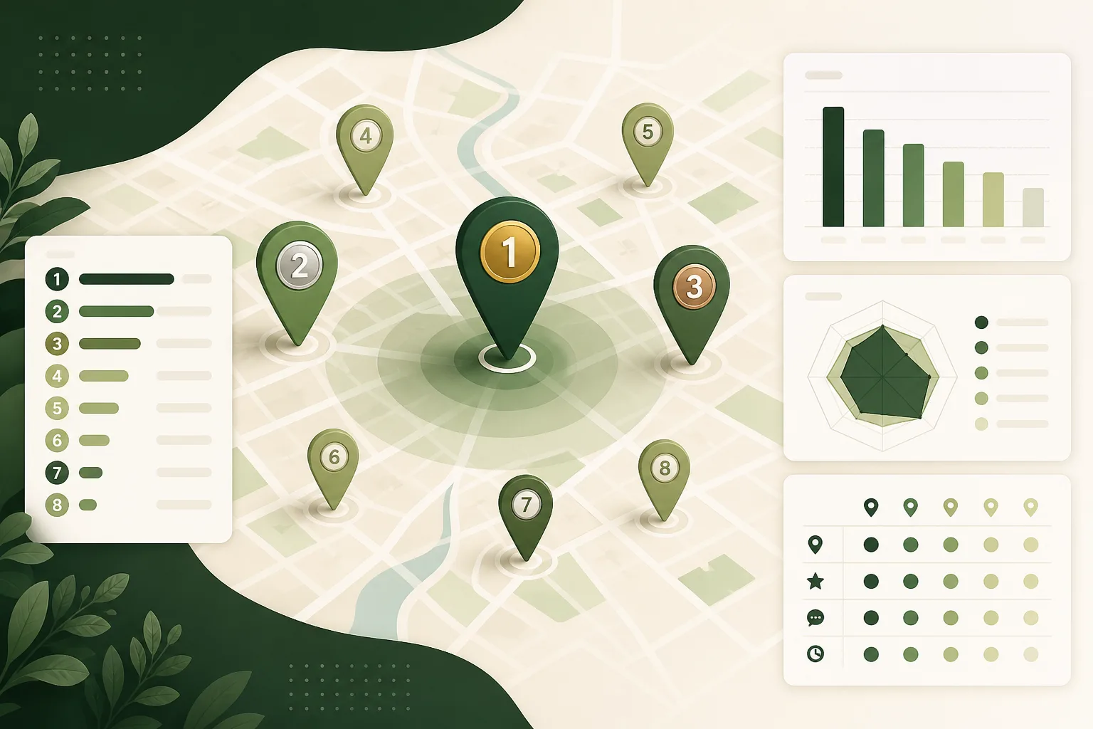 Illustration of local pack competitor comparison on a map with ranked businesses