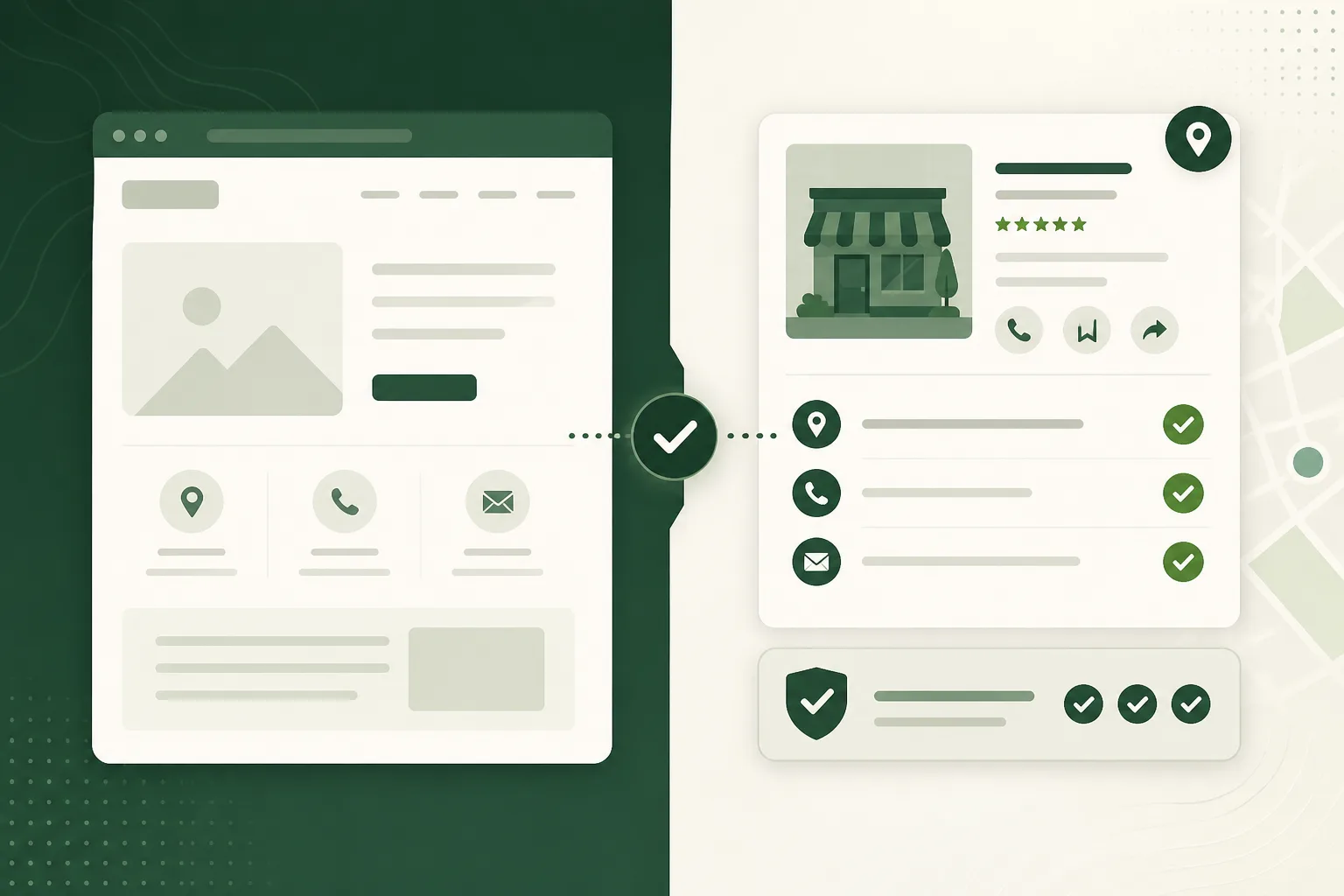 Illustration comparing a Google Business Profile and a local business website for NAP consistency