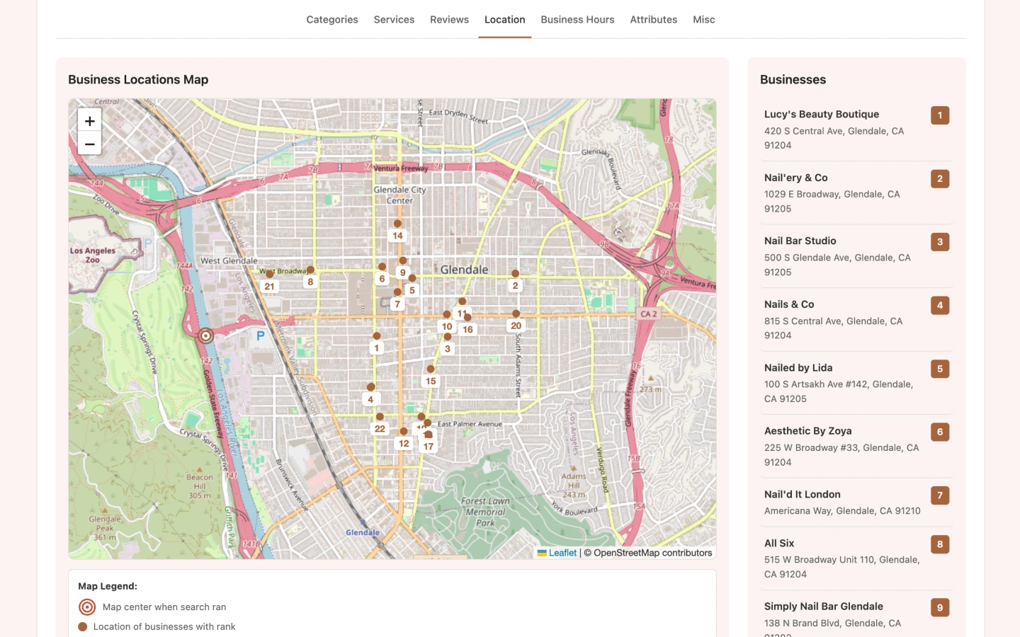Local Scan competitor dashboard with categories and rank charts