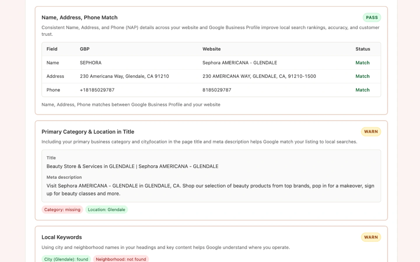 Website Audit report comparing GBP and website NAP consistency